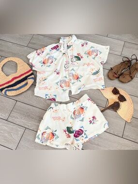 Two-Piece set Tropical Print Set in Cream with Coral & Teal Accents